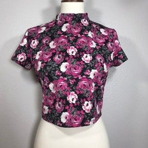 OLSENBOYE Women's Floral High Mock Neck Back Key Hole Crop Top Size Medium